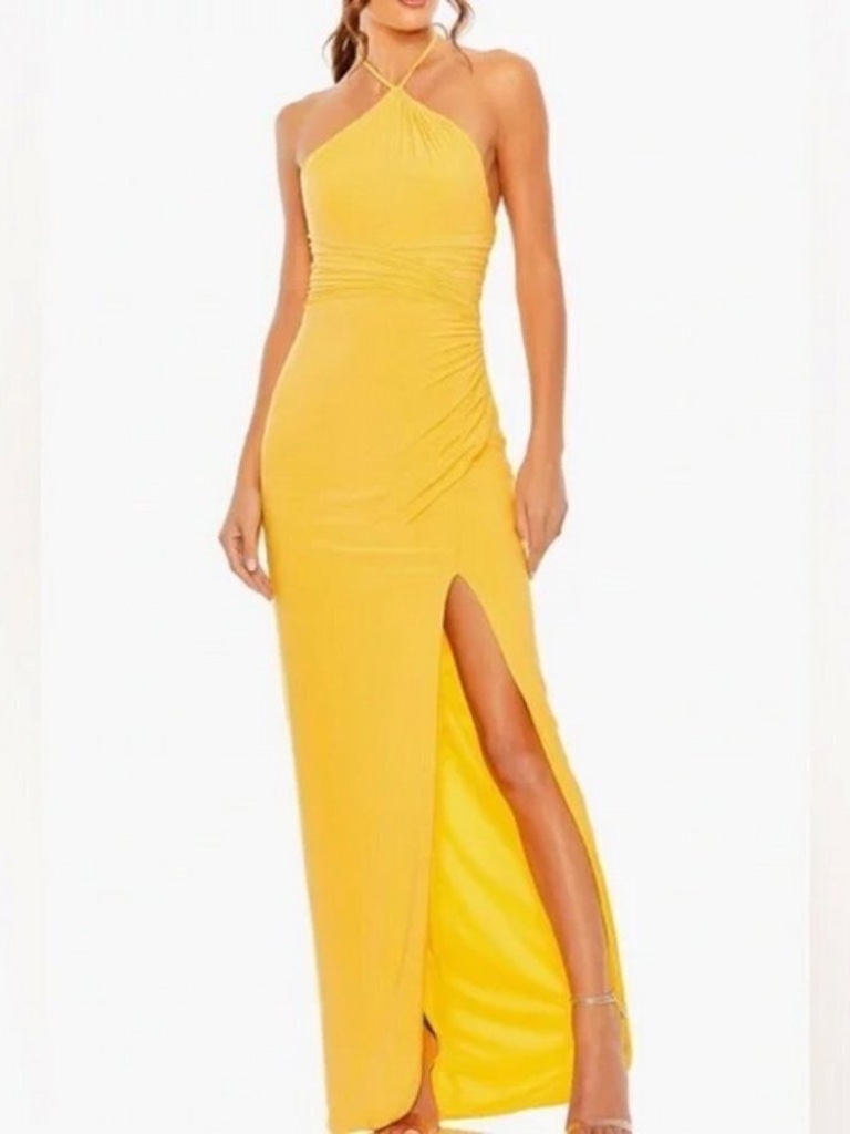 Nwt Ieena Mac Duggal Marigold Yellow Halter Neck Ruched Side Slit Gown